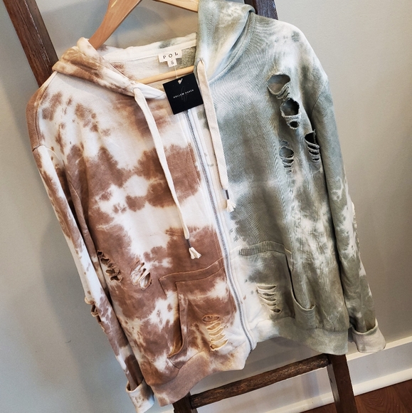 Distressed Tie-Dye Zip-Up Hoodie with Pockets - Picture 2 of 3